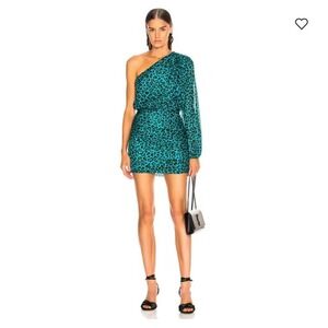Michelle Mason One Shoulder Mini Dress Turquoise Black Animal Print Party Silk 4